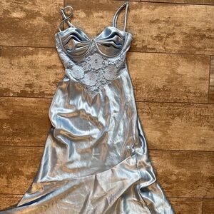 Fortunate One Glamorous Baby Blue Silver Lace Maxi Dress